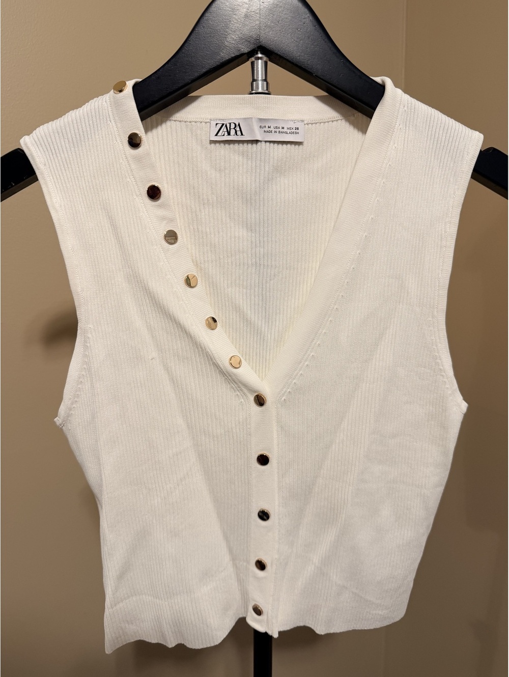 Zara White Cropped Knit Tank Top Gold Buttons Women M